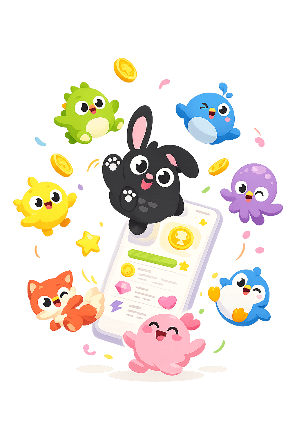 Lingoo characters celebrating around a language lesson